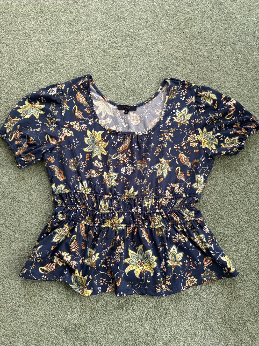 Floral Navy Smocked Waist Peplum Blouse